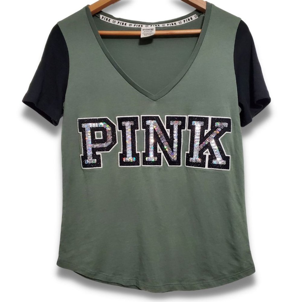 PINK Victoria's Secret Women's Small Green and Black Sequin Short Sleeve T-Shirt